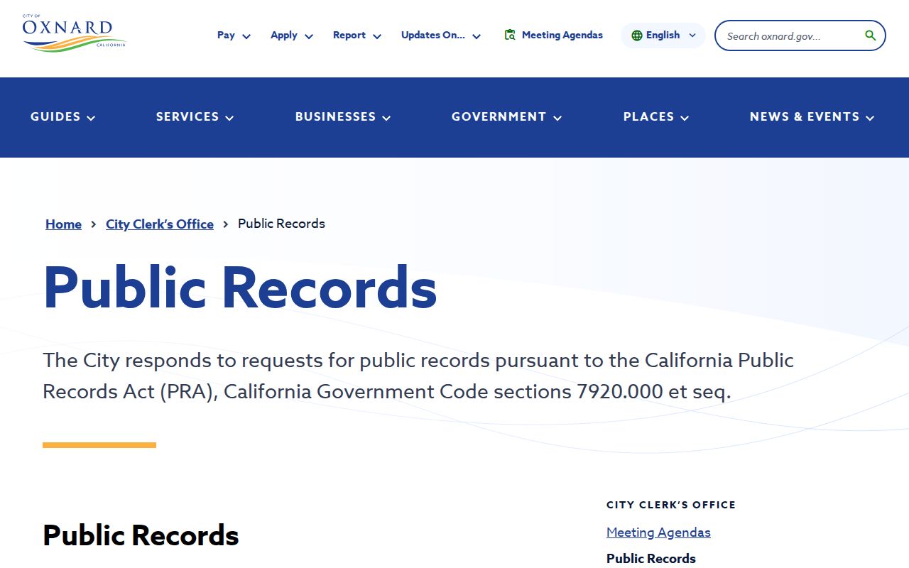 Oxnard city public records page under the California Public Records Act