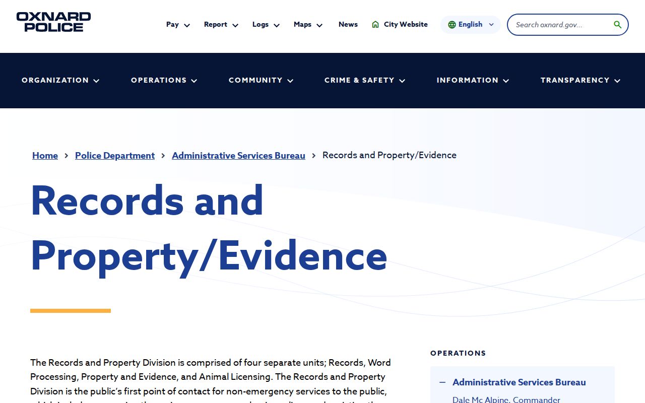 Oxnard Police Records and Property Division information