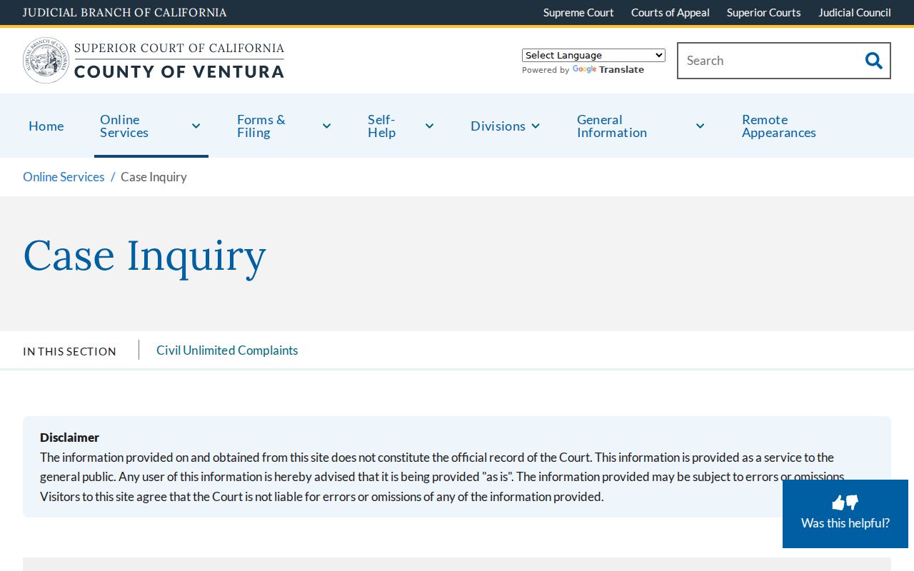 Ventura Superior Court case inquiry instructions