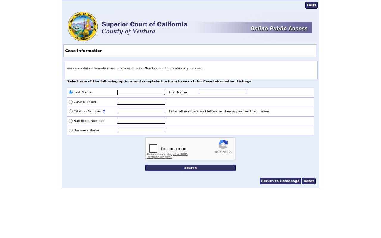 Ventura County criminal and traffic case search