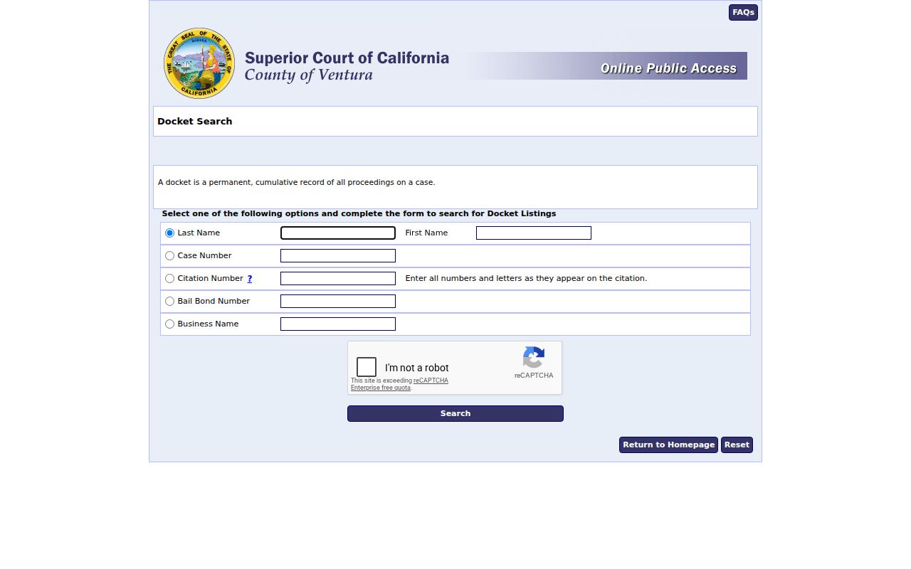 Ventura County Superior Court docket search