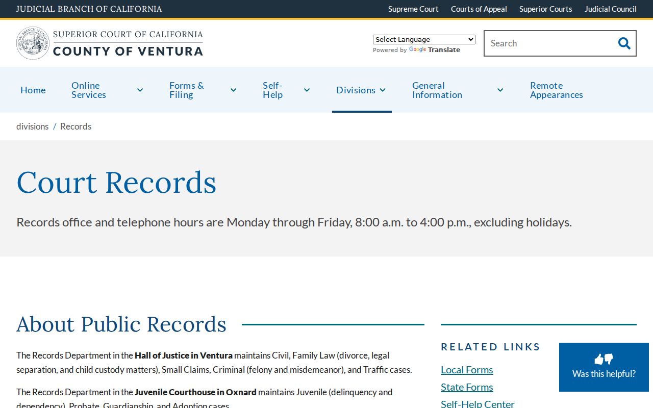 Ventura Superior Court records department information