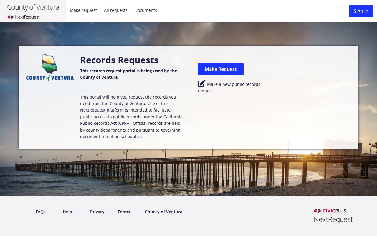 Ventura County NextRequest portal for Thousand Oaks Sheriff records