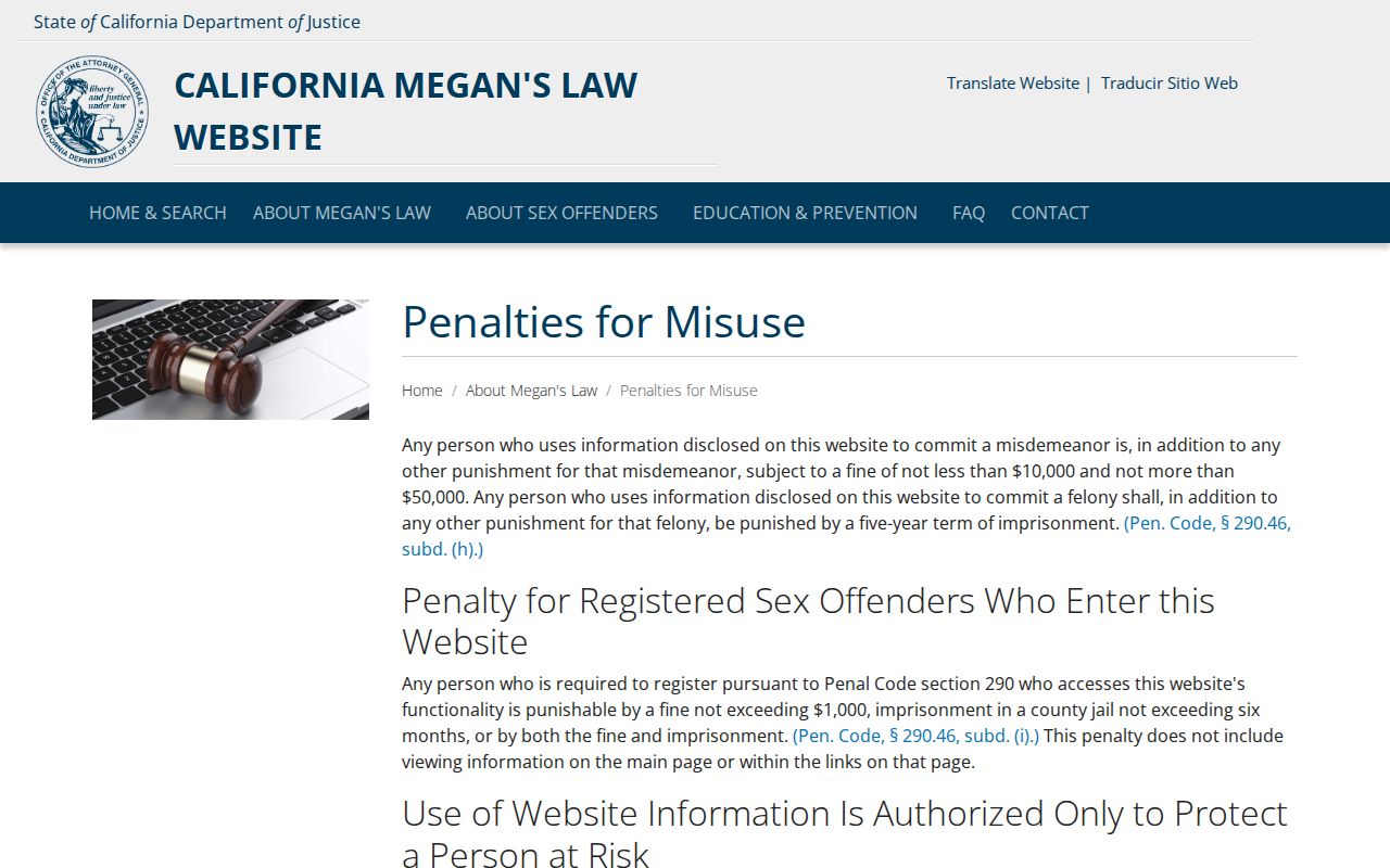 California Megan's Law penalties for misuse notice for Ventura County searches