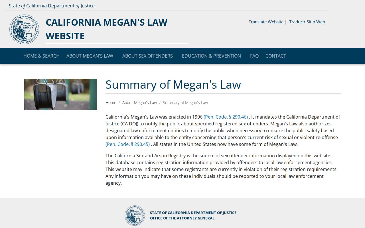 California Megan's Law summary used for Ventura County registry searches
