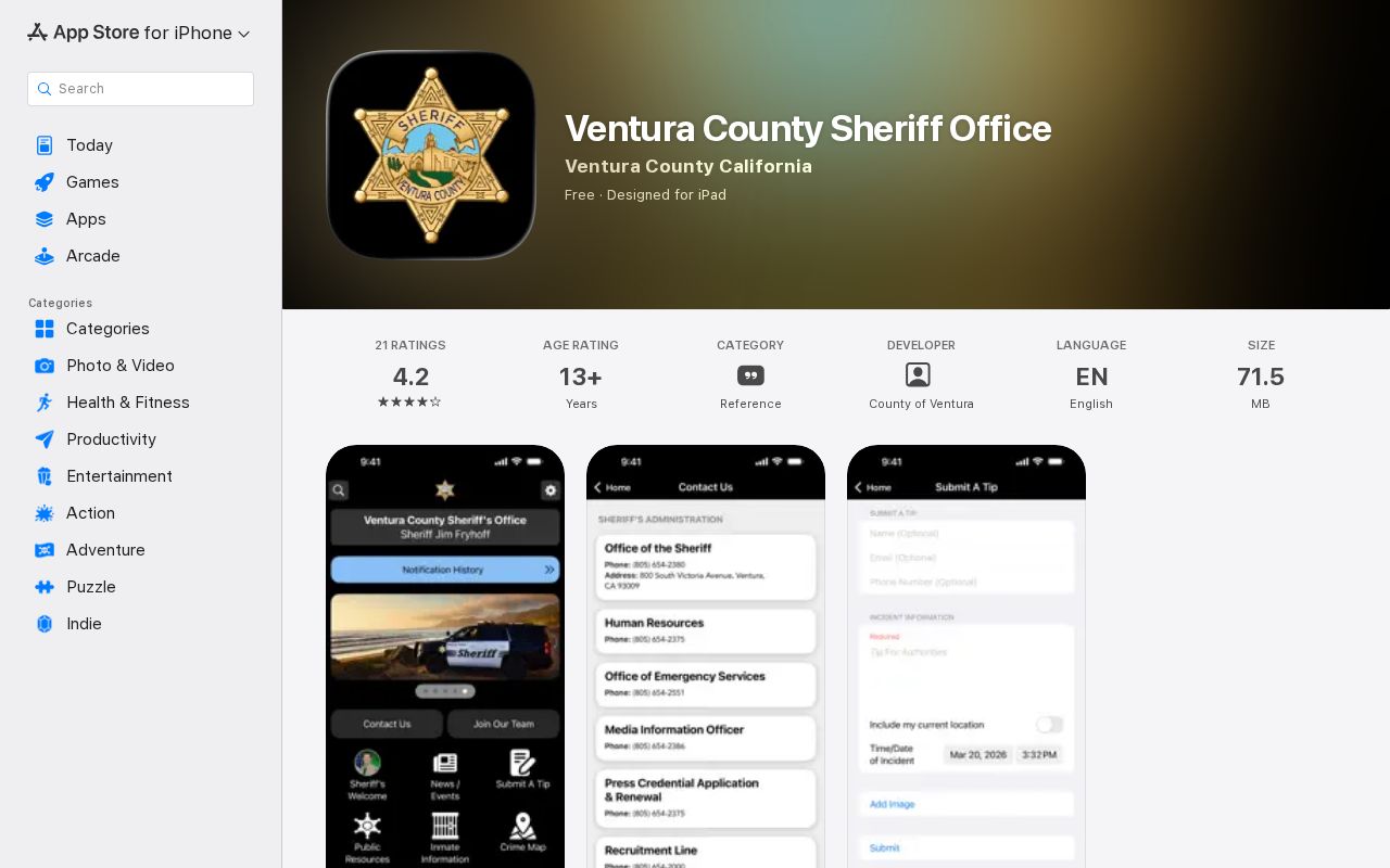 Ventura County Sheriff app for arrest record contacts